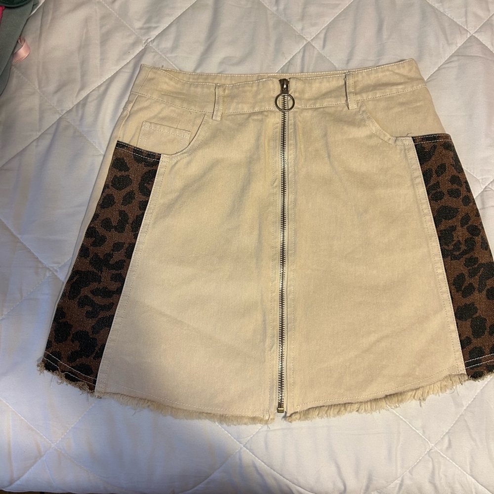 She + Sky Tan Mini Skirt with Leopard Print